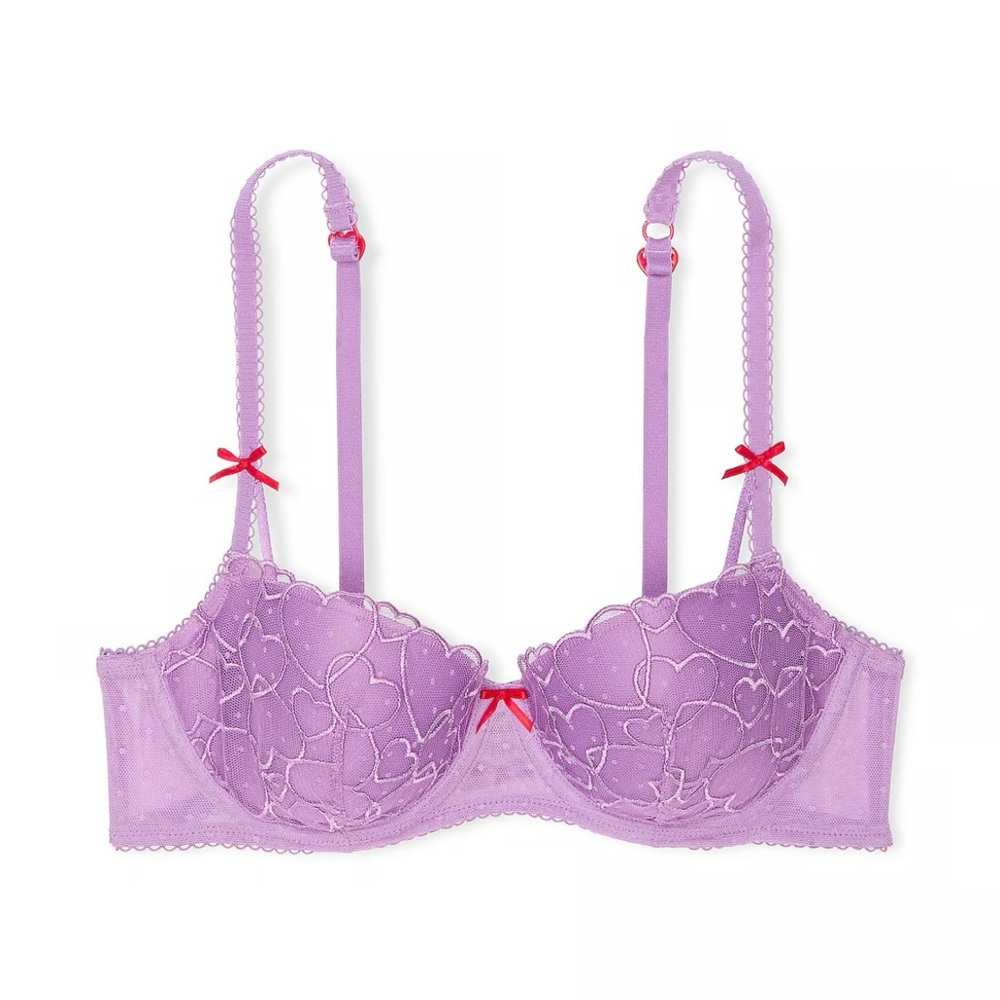 VS PINK - LIGHTLY LINED BALCONETTE BRA 34C Grape Taffy, Hearts & Bows NWT